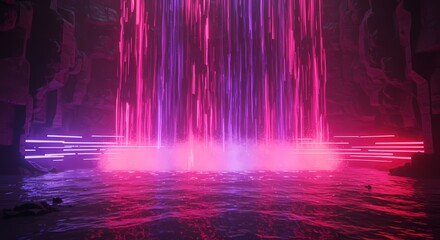 Vibrant neon waterfall cascading into a reflective pool with glowing steps