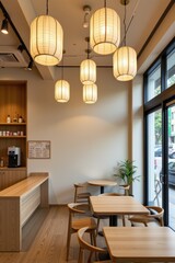 Modern Japanese Coffee Shop Interior with Elegant Lighting Features