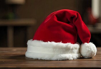 Classic red Santa hat with soft white brim, on a wooden table