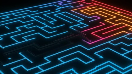 Neon-lit maze with intricate pathways and glowing edges, set against a dark background for gaming