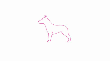 Minimalist outline of a dog standing in profile, rendered in pink lines against a white background.