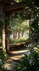 Obraz premium Wooden walkway through blossoms and trees