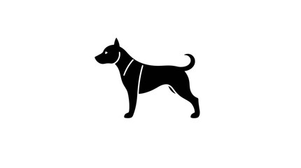 A black silhouette of a dog standing alertly, showcasing a defined posture and breed characteristics.