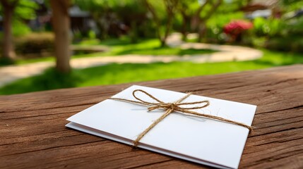 White envelope tied with twine on a wooden surface.
