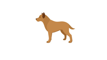 A tan-colored dog stands alone, facing left, with a neutral expression.