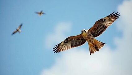 Fototapeta premium A bird of prey soars through a clear sky.