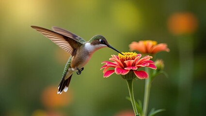 Naklejka premium Hummingbird in flight, feeding from a vibrant flower.
