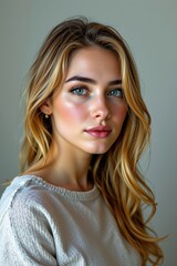 Fototapeta premium Portrait of a Young Woman with Beautiful Blue Eyes and Long Hair