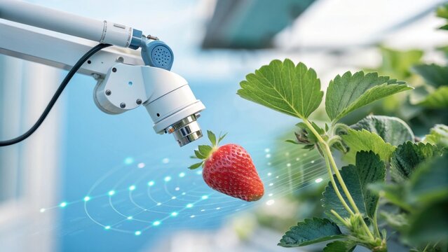 Robotic Arm Inspecting Strawberry with Digital Overlay in Smart Agriculture