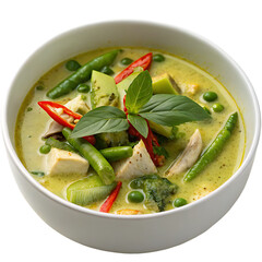 A whole single thai green curry bowl isolated on a transparent background