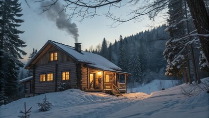 Cozy Log Cabin in a Snowy Forest at Dusk