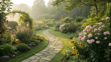 Obraz premium Winding Stone Path Through a Beautiful Garden at Sunrise