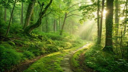 Fototapeta premium Magical Green Forest Path Illuminated by Sunbeams