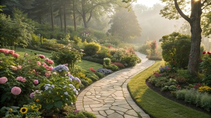 Obraz premium Enchanting Garden Path at Sunrise with Colorful Flowers