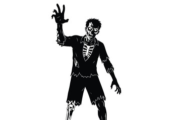 A frightening zombie with tattered clothes and outstretched arms, isolated on white background