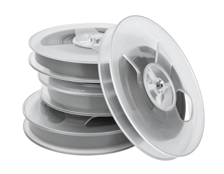 Stack of Blank Tape Reels with Light Reflection, Angled Side View, Transparent PNG