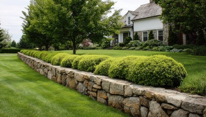 Lush lawn with stone wall and manicured shrubs near house