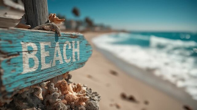 Weathered beach signpost overlooking sandy shore and ocean waves  