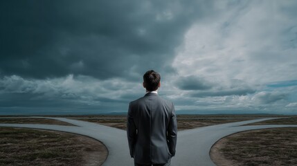 Fototapeta premium Businessman stands at crossroads, contemplating his future under dramatic sky filled with dark clouds. scene evokes sense of uncertainty and decision making