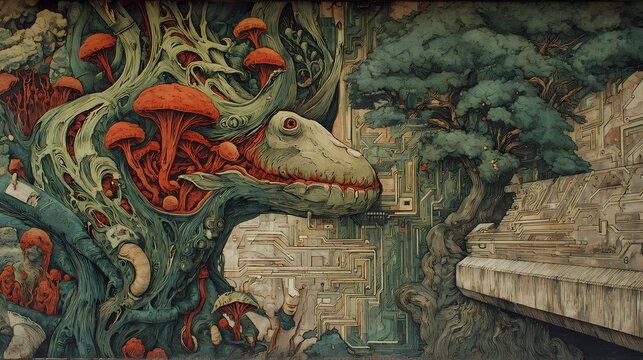 Primordial Co-Evolution: Tech-Nature Genesis Fresco Panel