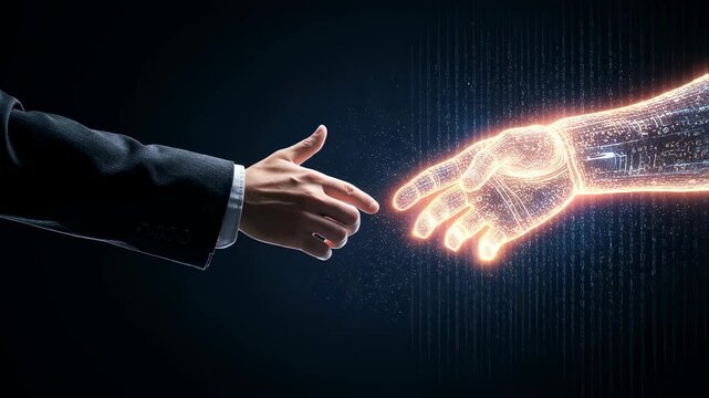 Man hand reaching out to digital human hand. Artificial intelligence connecting with person through technology footage.