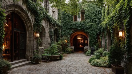 Naklejka premium Stone courtyard with archway and lush greenery