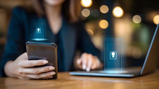 Person using a smartphone with a digital lock icon overlay.
