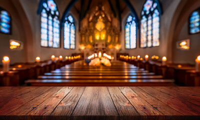 Obraz premium A softly blurred image of a bright, modern church with large windows and a crucifix on a white wall, sunlit pews creating a serene scene 