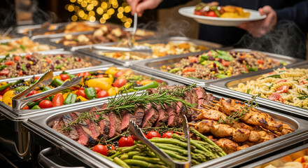 Buffet table with assorted hot dishes and grilled meats at catering event