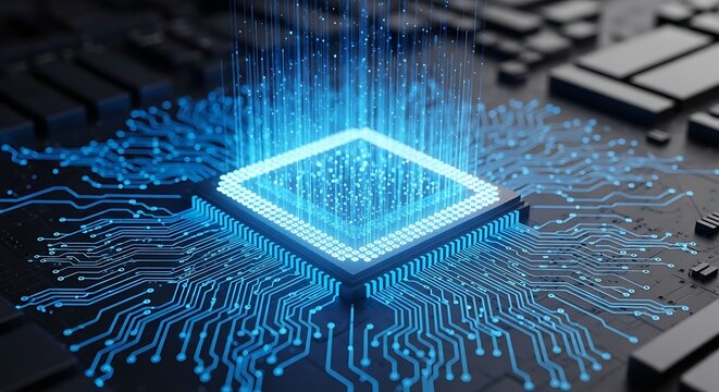 Closeup of a glowing blue computer processor chip on a motherboard, symbolizing advanced technology and data processing - Powered by Adobe