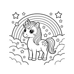 Magical Unicorn Underneath a Rainbow with Stars and Clouds - Line Art Design