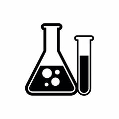 Black and white illustration of laboratory flasks and test tubes with liquid