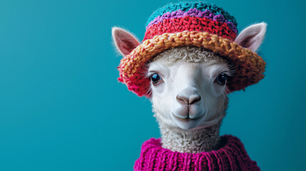Funny llama in bright vintage hat, close-up, quirky expression, bright blue background, copy space.