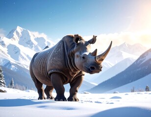 Fototapeta premium Majestic rhino in snowy mountain landscape
