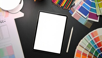 Creative designer workspace flat lay with blank screen tablet, stylus, color swatches and sketches.