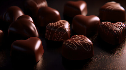 Close-up of assorted heart-shaped dark chocolates with decorative patterns on a dark background, romantic dessert photography