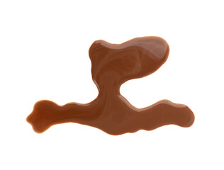 Spilled chocolate milk isolated, hot chocolate puddle, liquid stain, coffee splatter, brown latte
