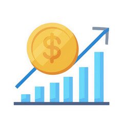 Golden coin with upward trend arrow over blue bar chart isolated on transparent background