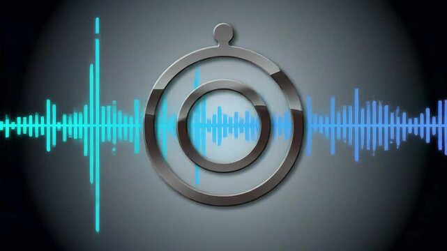 Abstract depiction of sound waves emanating from a central circular emblem.