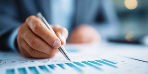 Business Professional Analyzing Financial Data with Pen and Paper in Modern Office Environment