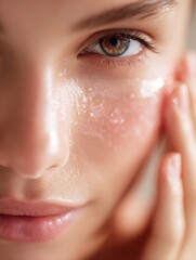 Fototapeta premium Close-Up of a Young Woman Applying Exfoliating Scrub on Her Glowing Face for Skincare Routine