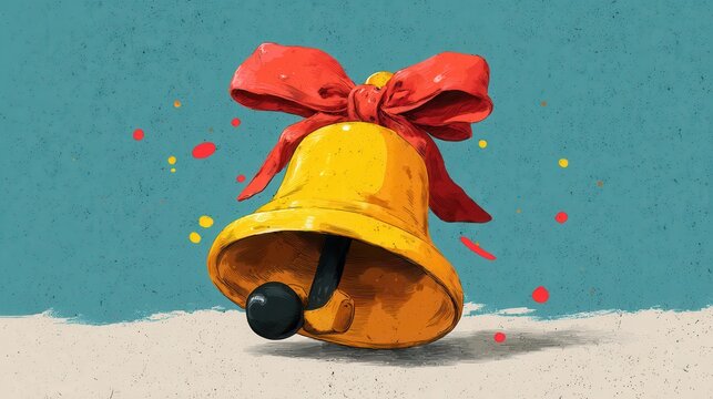 Vibrant Yellow Bell with Red Ribbon against Blue Background