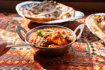 Butter paneer masala. Cottage cheese curry, hot spicy chicken korma, traditional indian food