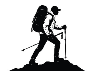 Silhouette of a hiker with a large backpack and trekking poles walking on a rocky path, symbolizing adventure and outdoor activity