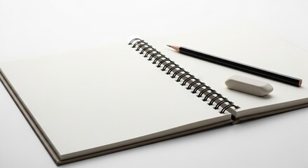 Open sketchbook with pencil and eraser for crafting notes on a solid white background
