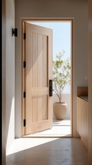 Open Wooden Door to Balcony with Potted Plant