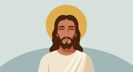 Fototapeta premium Illustrated Jesus Christ Portrait with Halo and Beard