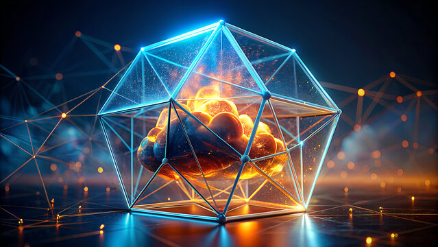 Abstract digital brain encased in a glowing geometric crystal structure with neural network connections