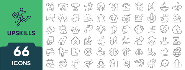 Upskill and personal growth icon set. Linear outline collection representing learning, skill improvement, career development, and self-growth concepts. Editable stroke.