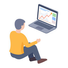 Person sitting and looking at a laptop displaying a financial graph isolated on transparent background